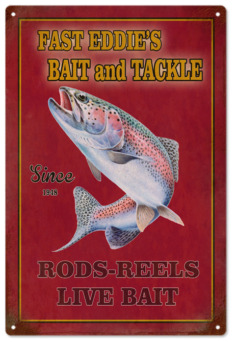 Fast Eddie's Fishing Trip Bait & Tackle Fisherman's Sign Garage Art -  Reproduction Vintage Signs