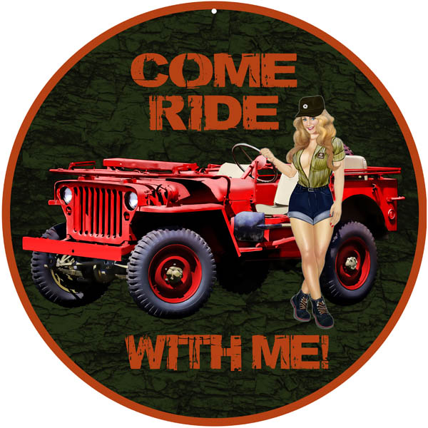 Red Reproduction Aged Looking Nostalgic Come Ride With Me Jeep Pin Up Girl ...