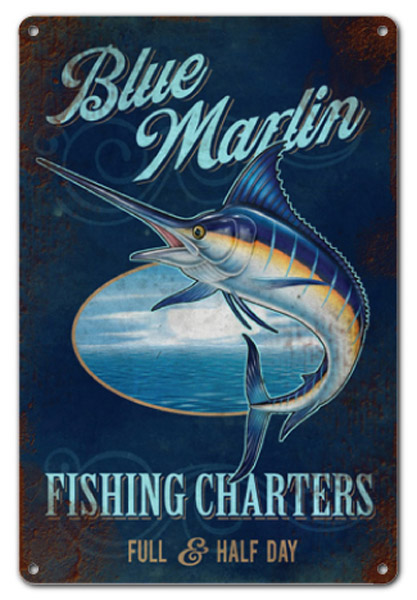 Reproduction Blue Marlins Fishing Charters Sign - Reproduction Vintage Signs