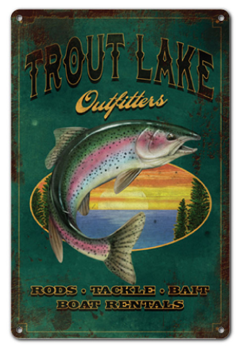 Trout Lake Outfitters Fishing Sign 12x18 - Reproduction Vintage Signs