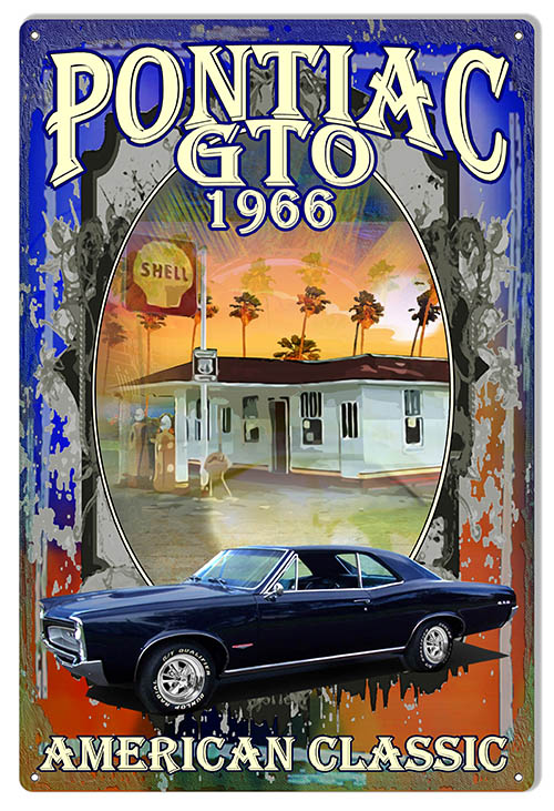 Reproduction Pontiac GTO 1966 Hot Rod Car by Phil Hamilton Sign 12"x18"
