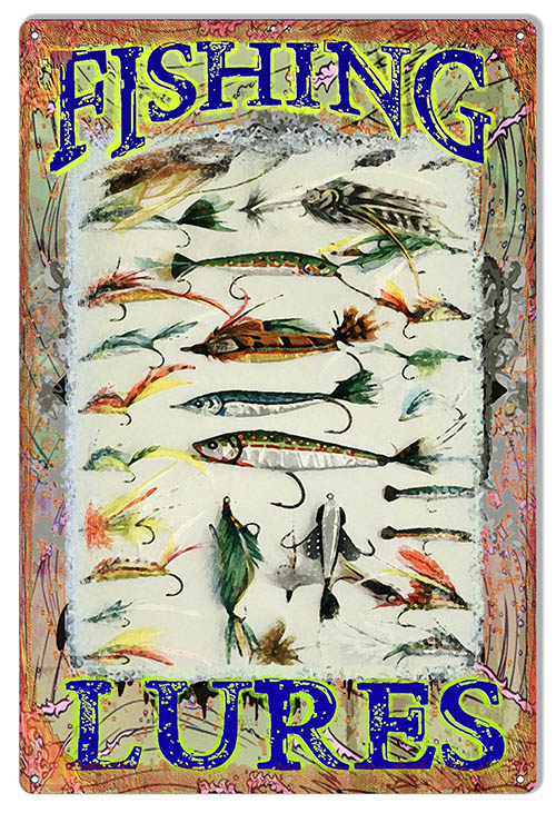 Fishing Lures Reproduction Hunting Fishing Sign 12x18 - Reproduction Vintage  Signs