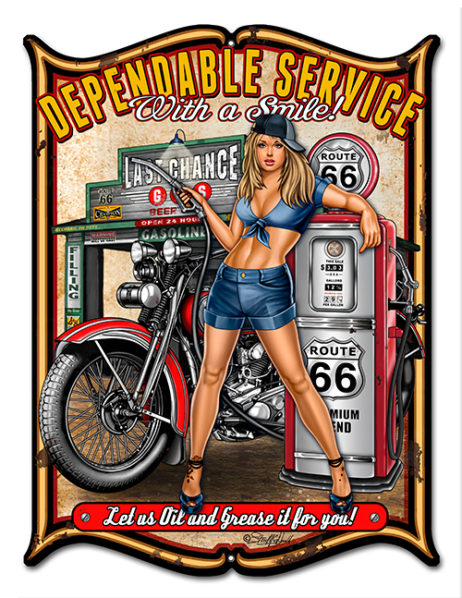 Gas Station Pin Up Girl Sign Dependable Service With A Smile 14x18 Reproduction Vintage Signs 5760