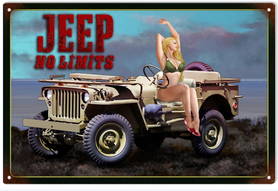 Jeep Pin Up Girl Reproduction Garage Shop Metal Sign 12x18 - Reproduction V...