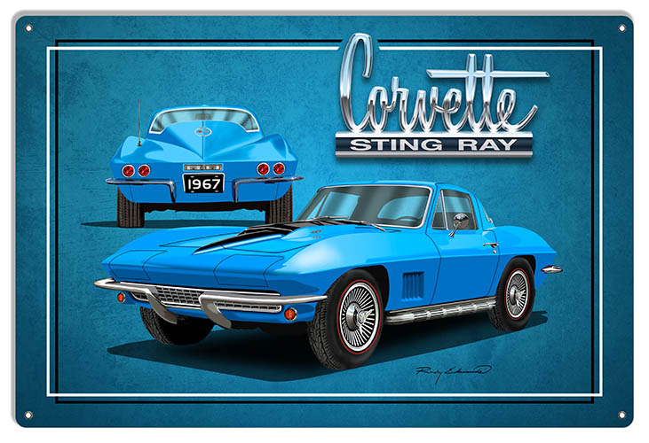 Corvette Sting Ray Blue Garage Art Metal Sign By Rudy Edwards 12x18