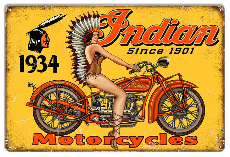 Indian Motorcycle Overhead Metal Sign 12x18 Vintage Distressed Garage Decor 