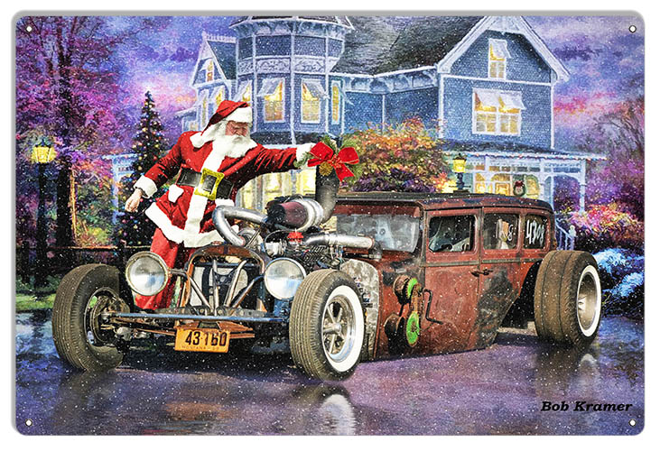 Rat Rod Low Rider Christmas Metal Sign With Santa By Artist Bob Kramer ...