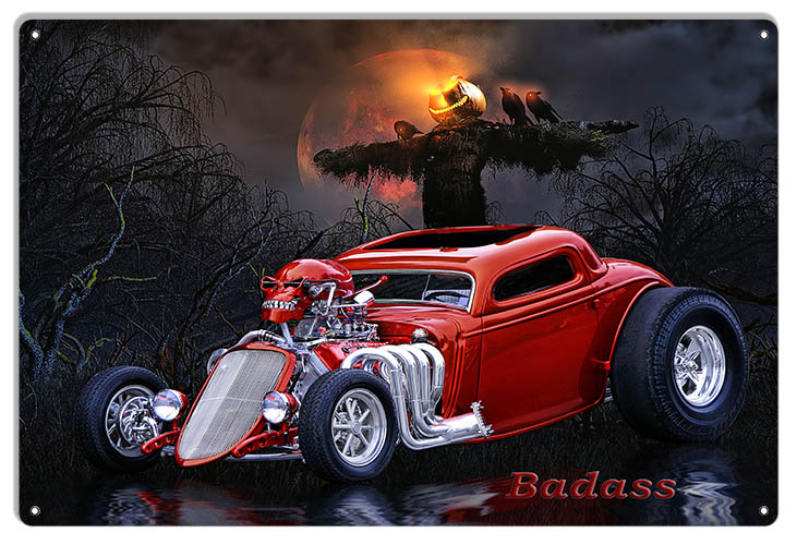 Rat Rod Rod Badass On Halloween Metal Sign By Artist Bob Kramer 12x18 - Reproduction Vintage Signs