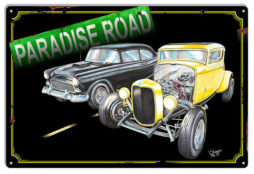 Racing Hot Rods On Paradise Road By Artist Shannon Watts Metal Sign 12x18