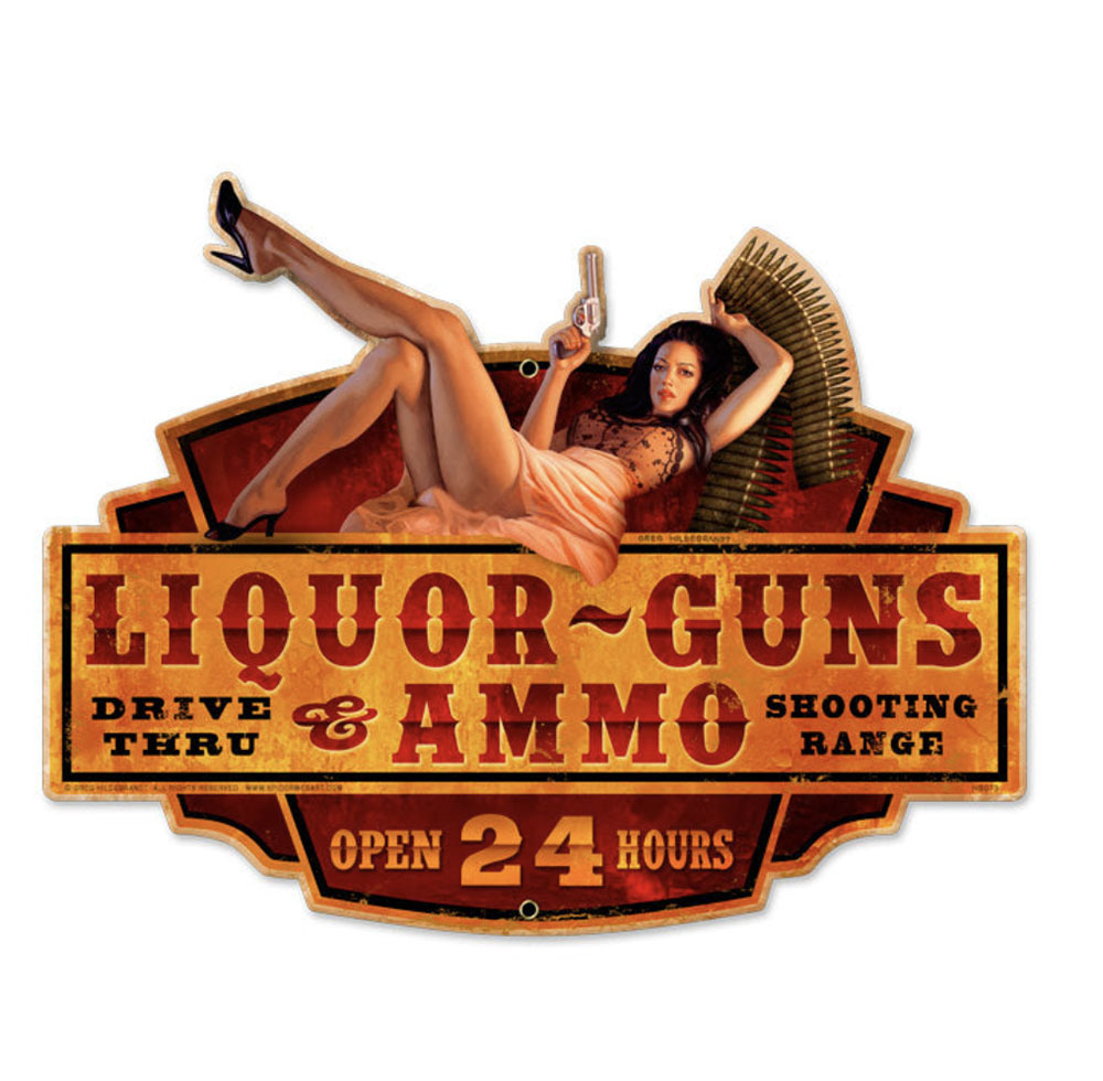 HB073 - Liquor Guns Ammo Vintage Sign 20x16 by Artist Greg Hildebrandt