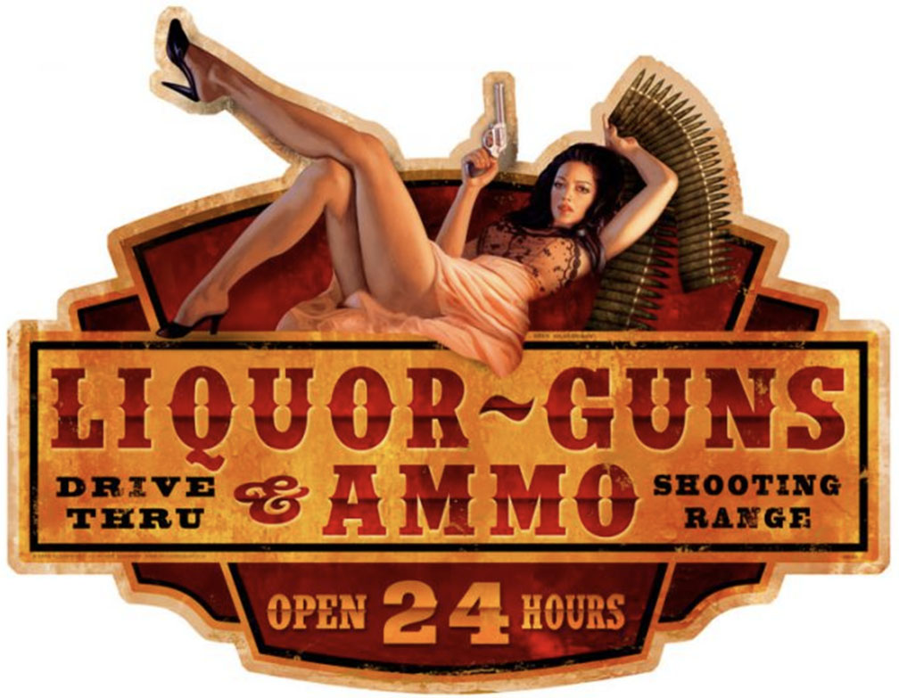 HB133 - Liquor Guns Ammo Vintage Sign 28x18 by artist Greg Hildebrandt