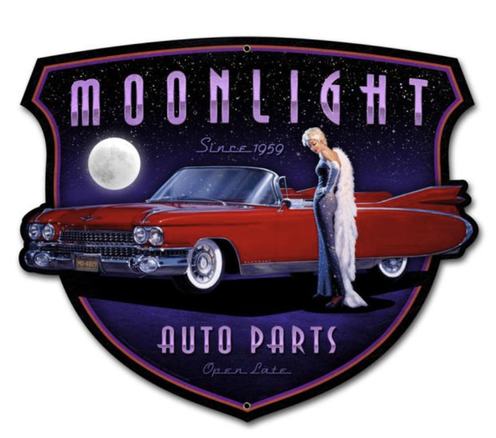 HB162 - Moonlight Auto Parts Vintage Sign 18x15 by artist Greg Hildebrandt