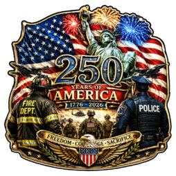 America's 250th Birthday 1776-2026 Honoring Fire Dept and Police Dept Metal Sign